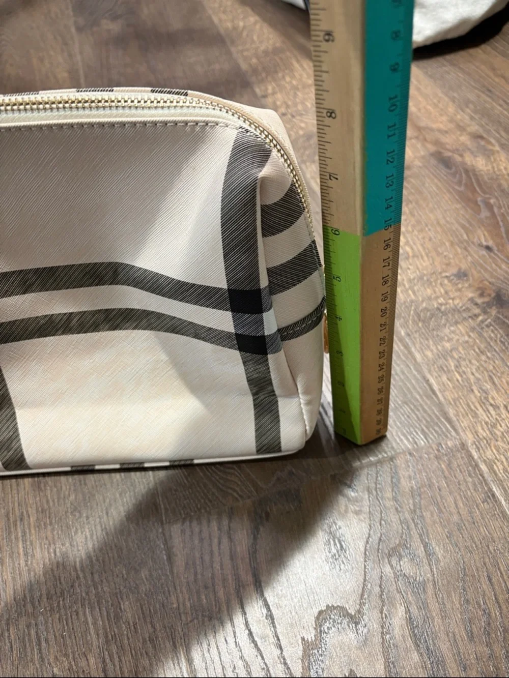 Cream Plaid Cosmetic Pouch with Black Check Detail